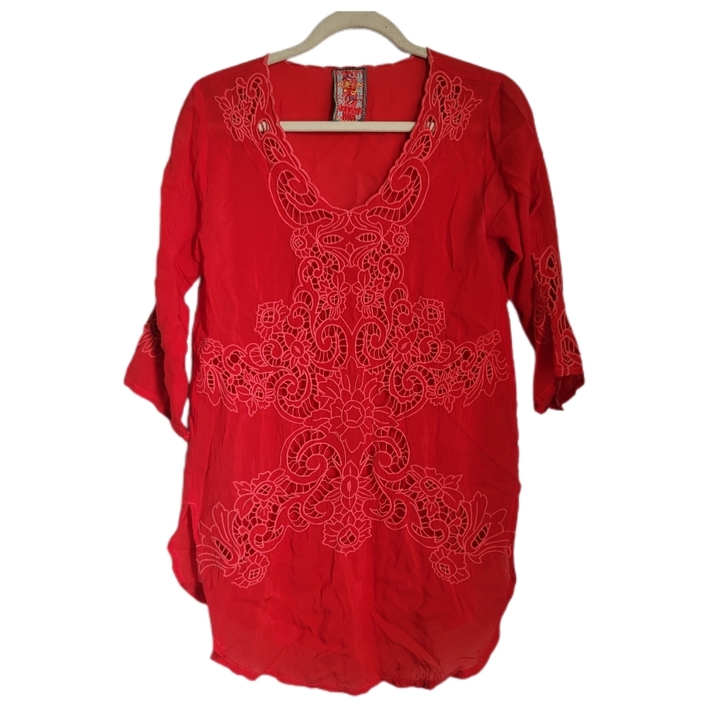 Johnny Was Top XS Red Floral Eyelet Tunic